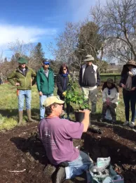 A group of six people watches a man demonstrate how to plant a fruit tree outdoors. The man, kneeling with a potted tree, is in the foreground, while the audience, in casual attire, stands and sits around him.