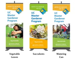 Three Retractable Banner Options with the UC Master Gardener Program Logo and various decorative pictures
