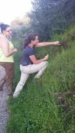 Doctoral student Rebecca Godwin (right) and her former lab mate Nicole Garrison, look for Bothriocyrtum burrows just north of San Diego. Godwin studies with major professor Jason Bond, as did Garrison, now doing a postdoctoral fellowship at Auburn University.