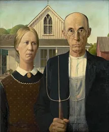 The American Gothic shows farmers outside their home, posing with a pitchfork. The Entomology Graduate Student Association's new T-shirt shows entomologists with a net.