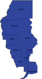 Blue map showing counties in Sacramento Valley region