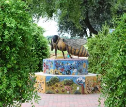 Ceramic-mosaic sculpture, Miss Bee Haven, the work of Donna Billick of Davis. (Photo by Kathy Keatley Garvey)