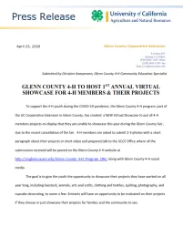 Press Release 2020 1st Annual Glenn County 4-H Virtual Showcase