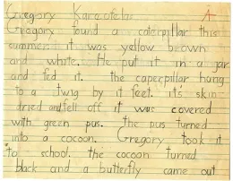 Some of the text that second-grader Greg Kareofelas wrote for his butterfly booklet.