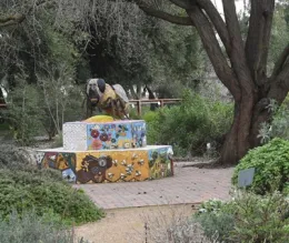 A worker bee sculpture by Donna Billick anchors the Honey Bee Haven. (Photo by Kathy Keatley Garvey)