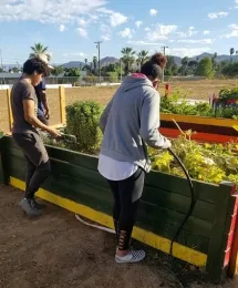 Volunteers working on a community vegetable garden in Riverside