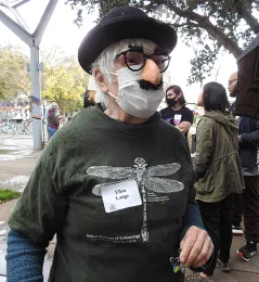 Ellen Lange, UC Davis lecturer in linguistics, arrived in a Groucho Marx costume, complete with mask. Her late husband, Harry Lange, was a UC Davis emeritus professor of entomology. (Photo by Kathy Keatley Garvey)