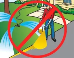 Illustration showing a man improperly spraying pesticides in a residential area, with a prohibition symbol overlay.