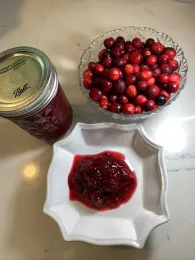 Cranberry chutney on a plate with fresh cranberries in a bowl and a jar of preserved cranberry chutney.