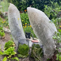 A garden scene featuring two tall, transparent mesh bags covering plants, with black mesh containers holding green plants in the foreground and bright yellow flowers in the background.