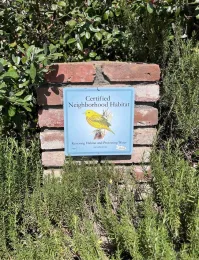 Certified Neighborhood Habitat Sign on display, often a conversation topic to passersby, Carla Resnick