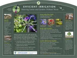 Informational poster on efficient irrigation practices, featuring sections on water-wise gardening, drip irrigation, and organic mulch, with accompanying images of plants and irrigation techniques.