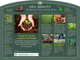 Infographic titled "Soil Quality: Healthy Soil Grows Healthy Plants," featuring hands holding soil with a green plant, various cover crop images, and tips for improving soil health.