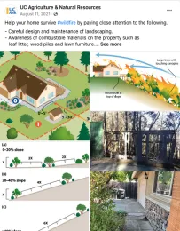 Help your home survive #wildfire by paying close attention to the following. - Careful design and maintenance of landscaping.- Awareness of combustible materials on the property such as leaf litter, wood piles and lawn furniture.- Incorporation of fire- and ember-resistant construction materials.Complete guide https://bit.ly/2VQ73SIIllustrations show defensible space and how fire moves up a hillside.