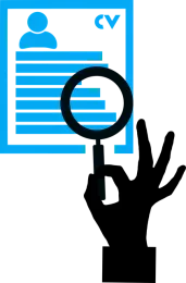 e of hand with magnifying glass over resume