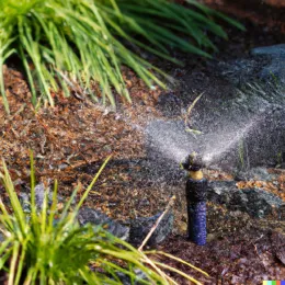 Irrigation sprinkler in an ornamental planting bed spraying water