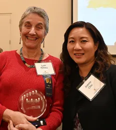 UC Davis distinguished professor Lynn Kimsey (left) with Joanna Chiu, professor and chair of the UC Davis Department of Entomology and Nematology. (Photo by Kathy Keatley Garvey)