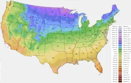 Map of USDA hardiness zones in the U.S. for 2023, showing color-coded temperature ranges from colder northern zones to milder southern zones, with state abbreviations labeled.