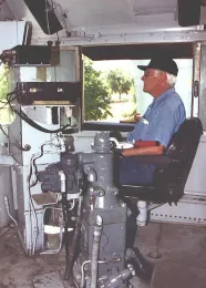 Train enthusiast Bruce Eldridge at the controls of a Yolo Shortine locomotive. (Photo by Ken Lorenzen)