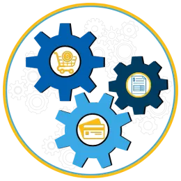 Purchasing Processes Icon - gears and cart, credit cards, and invoicegraphics