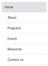 Screenshot of a vertical website navigation menu with the items: Home, About, Programs, Events, Resources, Contact Us