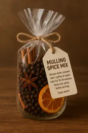 See through bag with spices and an instruction tag for the mullin spices