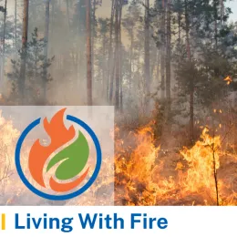 living with fire logo and flames in a forest