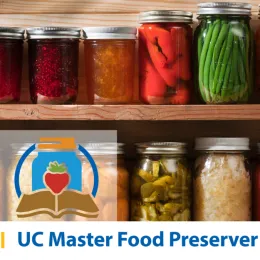 jars of food on a shelf and the master food preserver logo