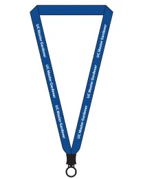 blue lanyard with white writing