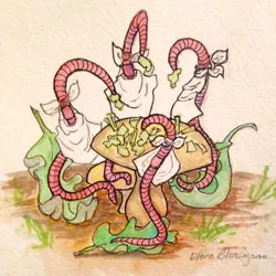 Worm composting illustration with worms eating at a table