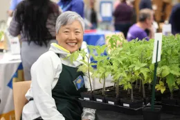 A person sits indoors in front of some tomato starts