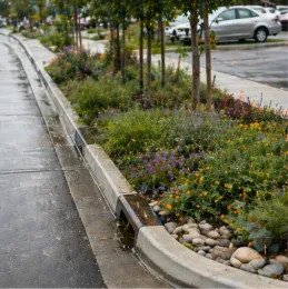 Vegetated bioswale along an urban street capturing and filtering stormwater runoff before it enters drainage systems.