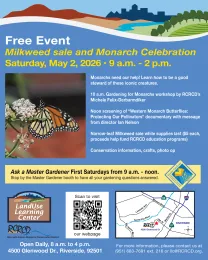 flyer for May 2 workshop at RCRCD which includes a talk on Monarch butterflies, a documentary screening, and a sale of narrow leaf milkweed