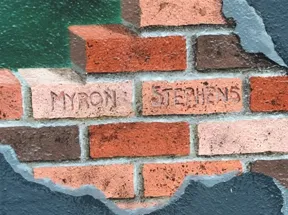 The artist's name, Myron Stephens. (Photo by Kathy Keatley Garvey)