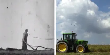 Black & white photo of a man working a plow in a field and a color photo of a tractor in a field