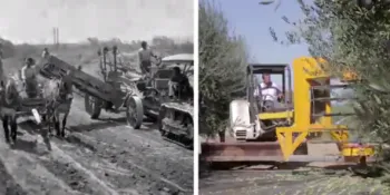 a black and white photo of a tractor and a color photo of a tractor
