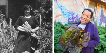 black and white photo of a woman and a color photo of a woman holding lettuce