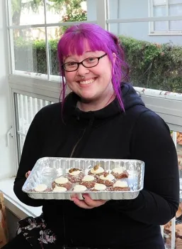 UC Davis graduate student/mosquito researcher Heather Baker with her prize-winning Chocolate Chirp Cookies.(Photo by Kathy Keatley Garvey)