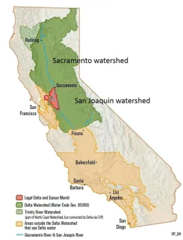 Figure 1. Study area in the California's Central Valley. (Modified from Maven's Notebook, “Where Delta Water Comes from and Goes”)