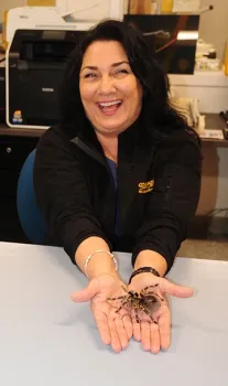 KUIC's Barbara Hoover and Coco McFluffin become friends. (Photo by Kathy Keatley Garvey)