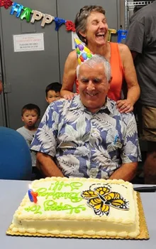 Entomologist Jeff Smith, a volunteer who curates the Bohart Museum of Entomology's butterfly and moth collection, shares a laugh with Lynn Kimsey, director of the Bohart Museum and professor of entomology at UC Davis. (Photo by Kathy Keatley Garvey)