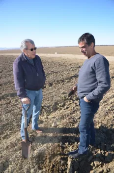 Jesse Sanchez and Roberto Botelho (left and right) examine soil at Sano Farms cover crop fields in Firebaugh, CA, February 23, 2018