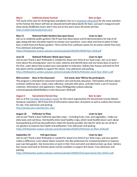 Honey Bee Haven May to September 2018 events