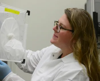 Medical entomologist Olivia Winokur assesses the status of adults from the Aedes agypti colony from Puerto Rico. (Photo by Kathy Keatley Garvey)
