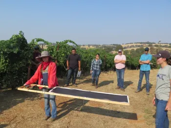 Woman in field with panel.