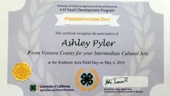 Ashley's Award Certificate for Cultural Arts