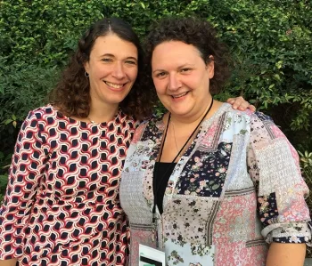 Christina Grozinger (left), distinguished professor of entomology and director of the Center for Pollinator Research, Pennsylvania State University, served as one of the two keynote speakers. She is shown here with conference co-chair Extension apiculturist Elina Lastro Niño of the UC Davis Department of Entomology and Nematology. Grozinger was her major professor. (Photo by Mea McNeil)