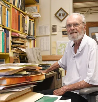 Robbin Thorp in his office in the Harry H. Laidlaw Jr. Honey Bee Research Facility in July 2018. (Photo by Kathy Keatley Garvey)