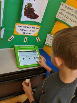 A student at Pinewood Elementary in Pollock Pines voteson how they liked donated grapes.