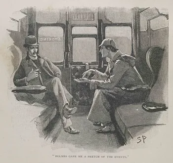 Holmes and Watson seated in a train car, Paget 1892